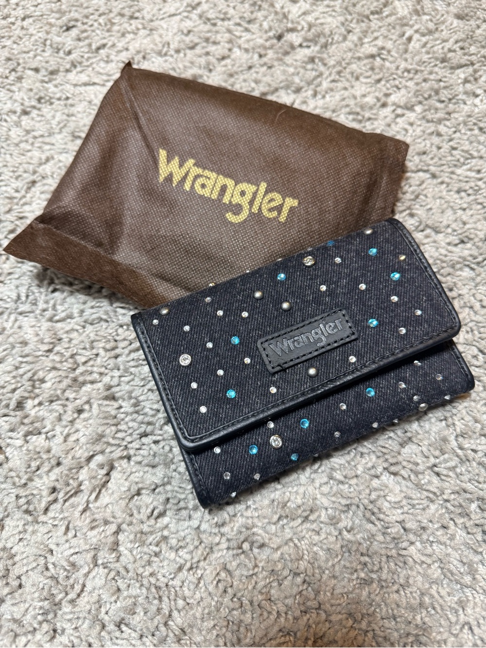 Wrangler Black Denim Card Holder with Blue and Clear Rhinestones